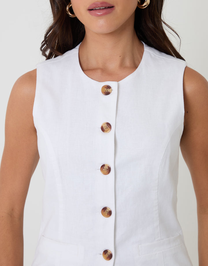 White Linen Blend Longline Waistcoat