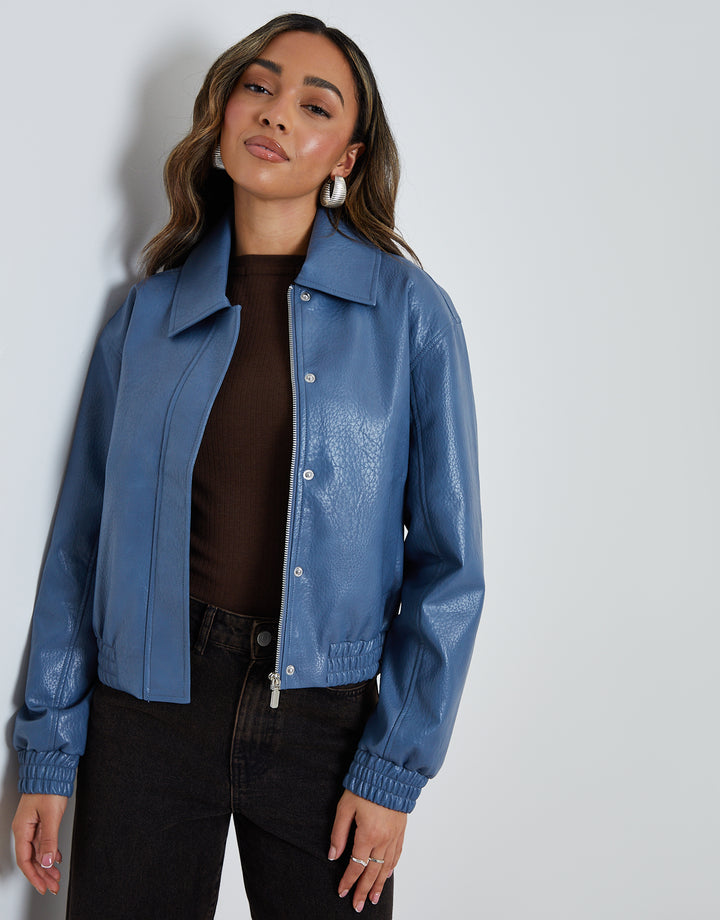 Blue Faux Leather Bomber Jacket with Collar