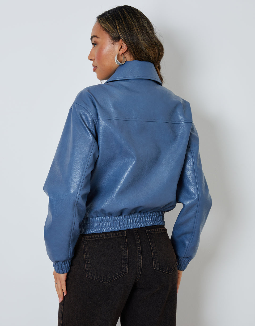 Blue Faux Leather Bomber Jacket with Collar