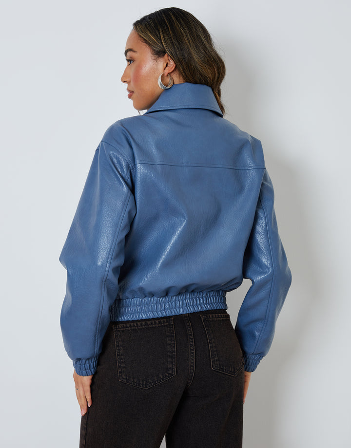 Blue Faux Leather Bomber Jacket with Collar