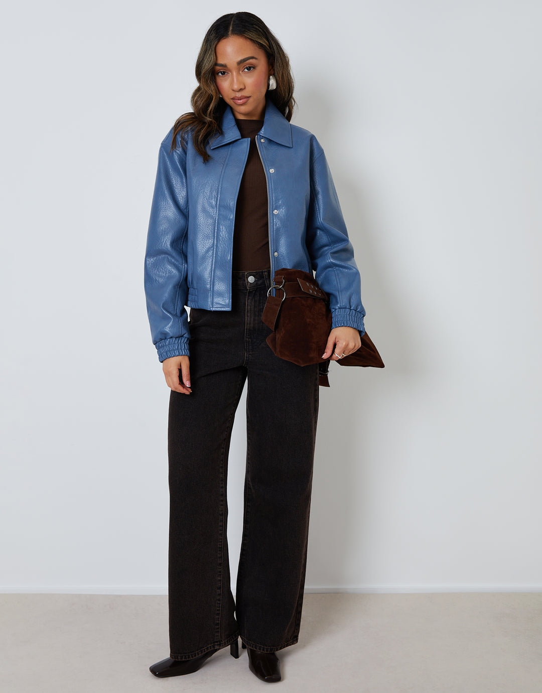 Blue Faux Leather Bomber Jacket with Collar