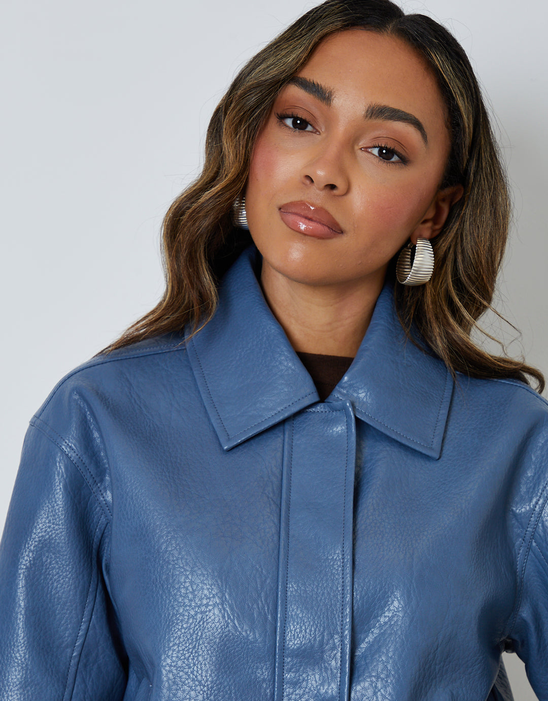 Blue Faux Leather Bomber Jacket with Collar