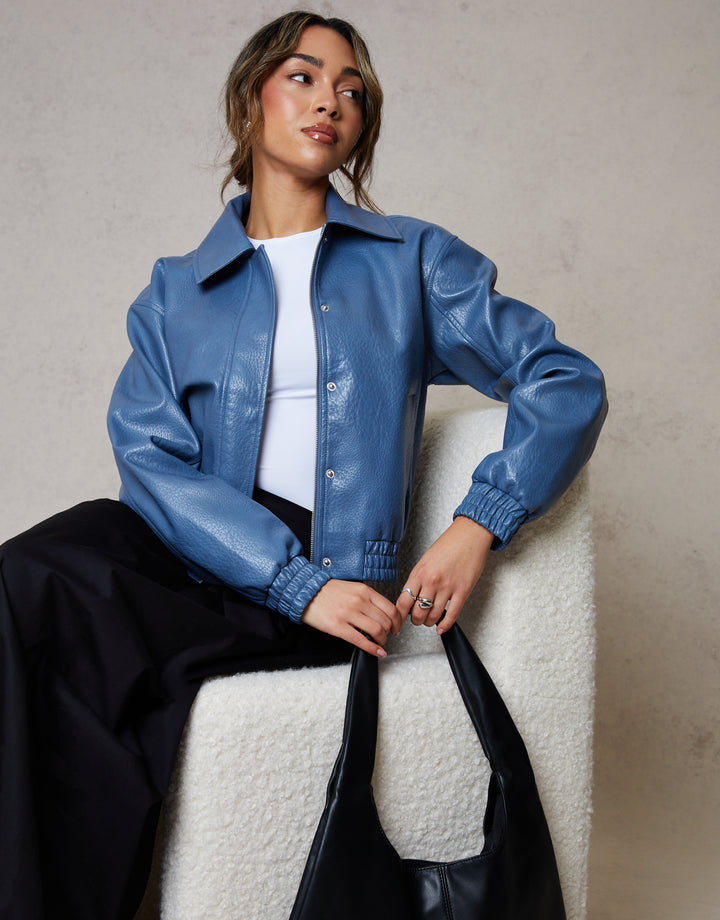 Blue Faux Leather Bomber Jacket with Collar