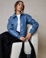 Blue Faux Leather Bomber Jacket with Collar