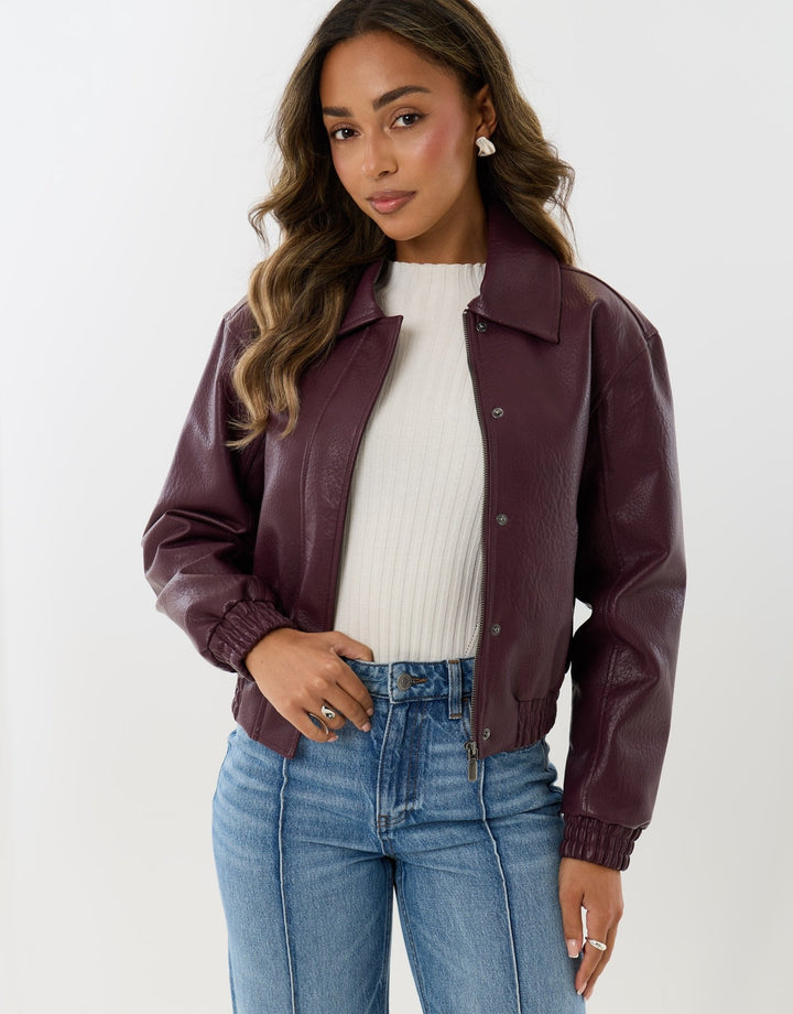 Faux Leather Collared Bomber Jacket in Plum