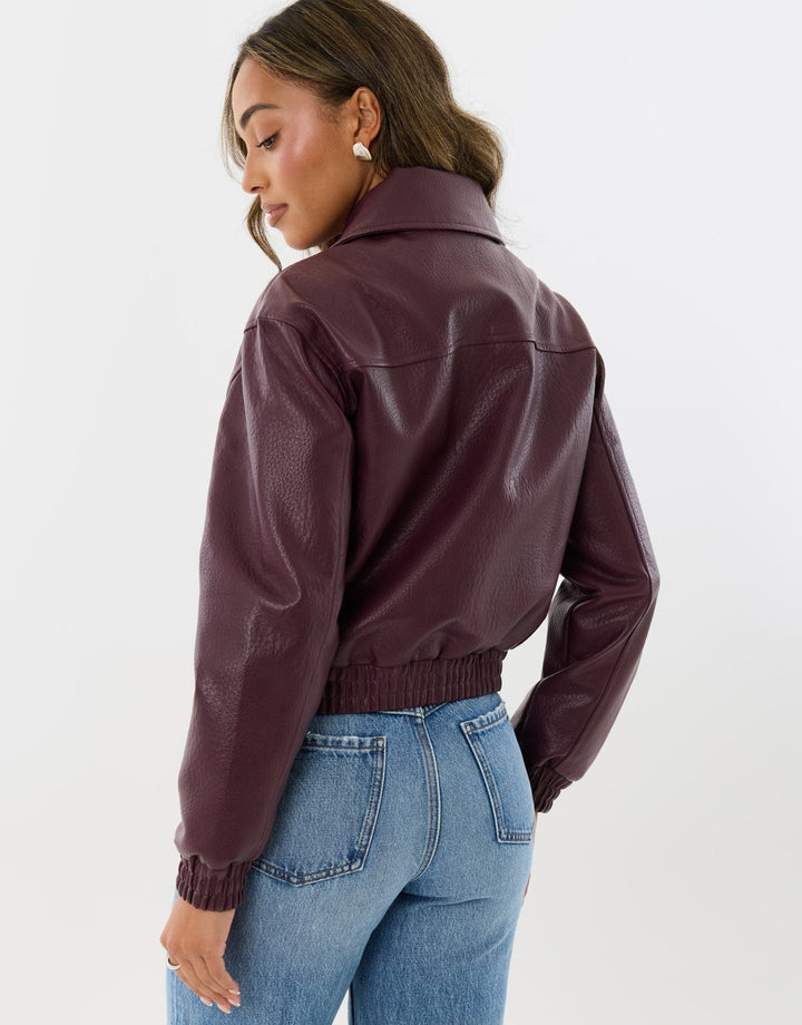Faux Leather Collared Bomber Jacket in Plum
