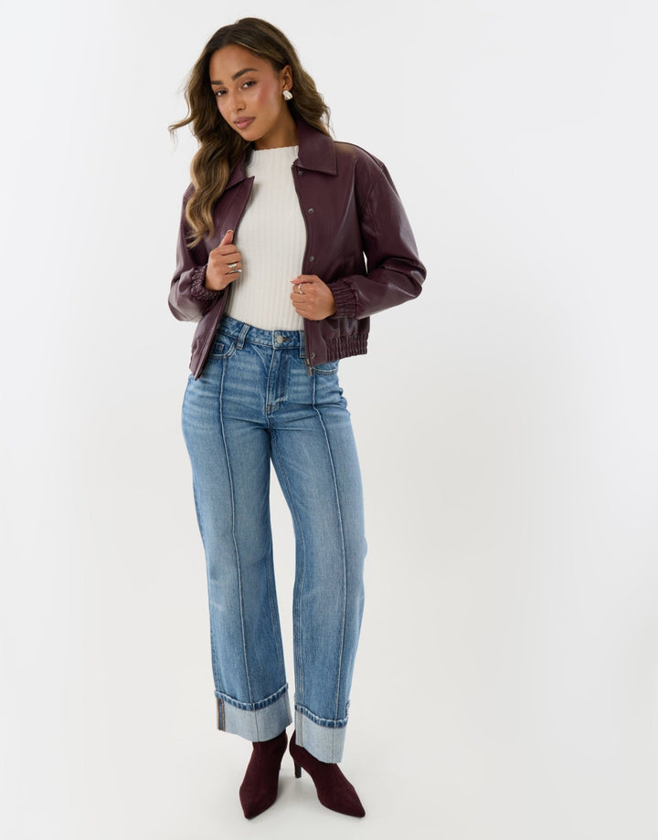 Faux Leather Collared Bomber Jacket in Plum
