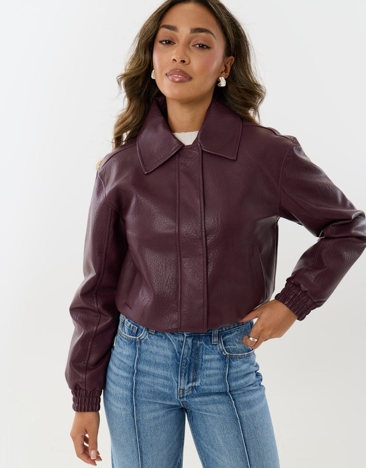 Faux Leather Collared Bomber Jacket in Plum