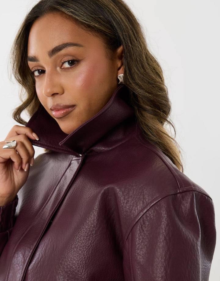 Faux Leather Collared Bomber Jacket in Plum