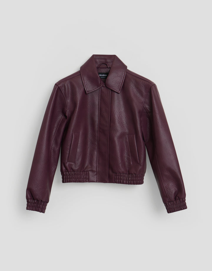 Threadbare Faux Leather Collared Bomber Jacket in Plum - flat lay