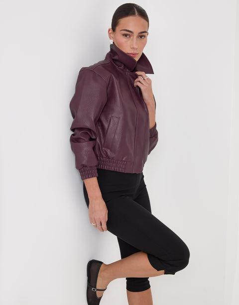 Threadbare Faux Leather Collared Bomber Jacket in Plum - standing