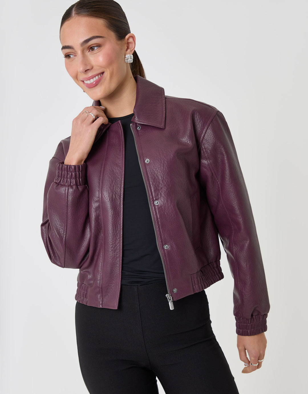 Threadbare Faux Leather Collared Bomber Jacket in Plum - front view