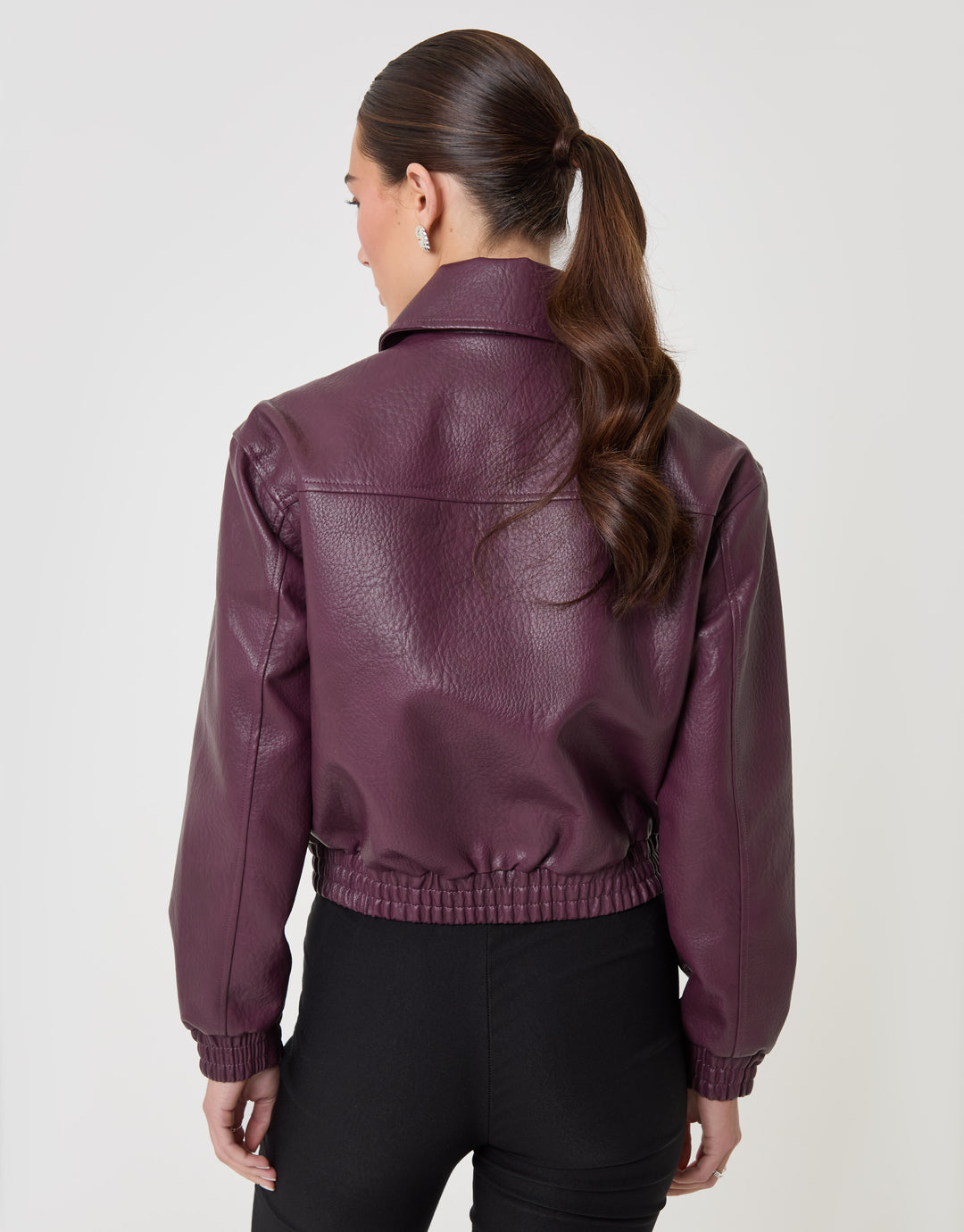 Threadbare Faux Leather Collared Bomber Jacket in Plum -back view