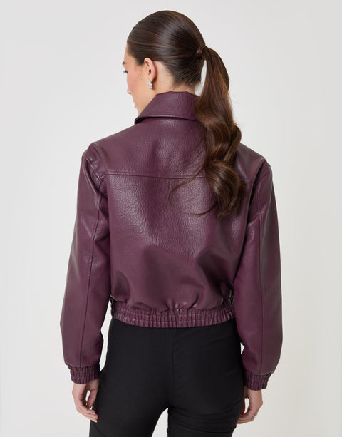 Threadbare Faux Leather Collared Bomber Jacket in Plum -back view