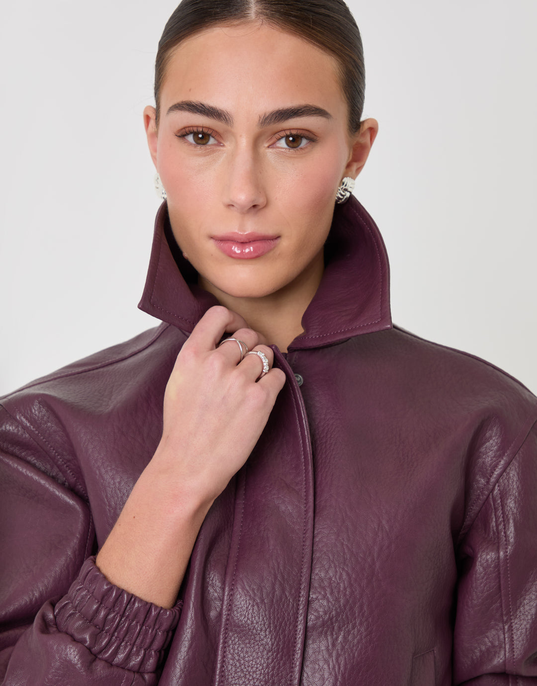 Threadbare Faux Leather Collared Bomber Jacket in Plum - close up