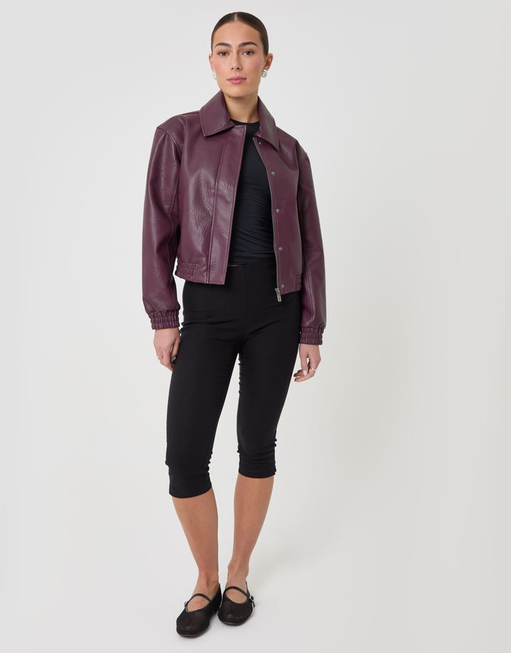 Threadbare Faux Leather Collared Bomber Jacket in Plum - full body