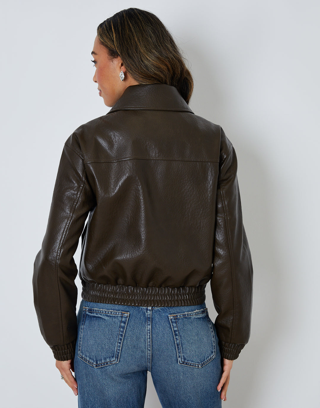 Chocolate Brown Faux Leather Bomber Jacket with Collar