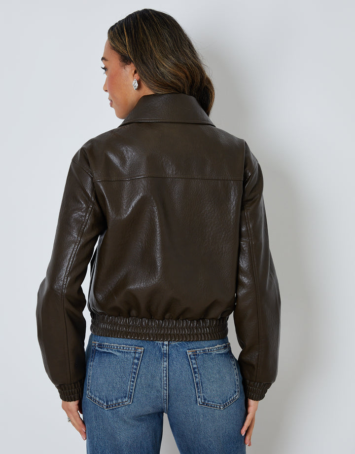 Chocolate Brown Faux Leather Bomber Jacket with Collar