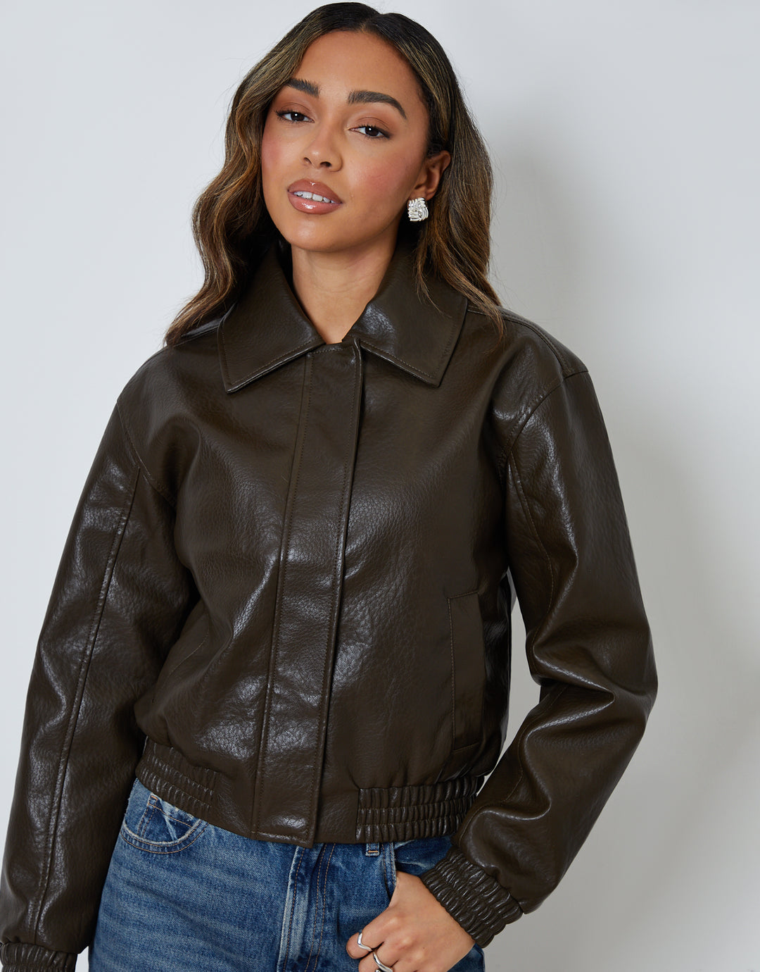 Chocolate Brown Faux Leather Bomber Jacket with Collar
