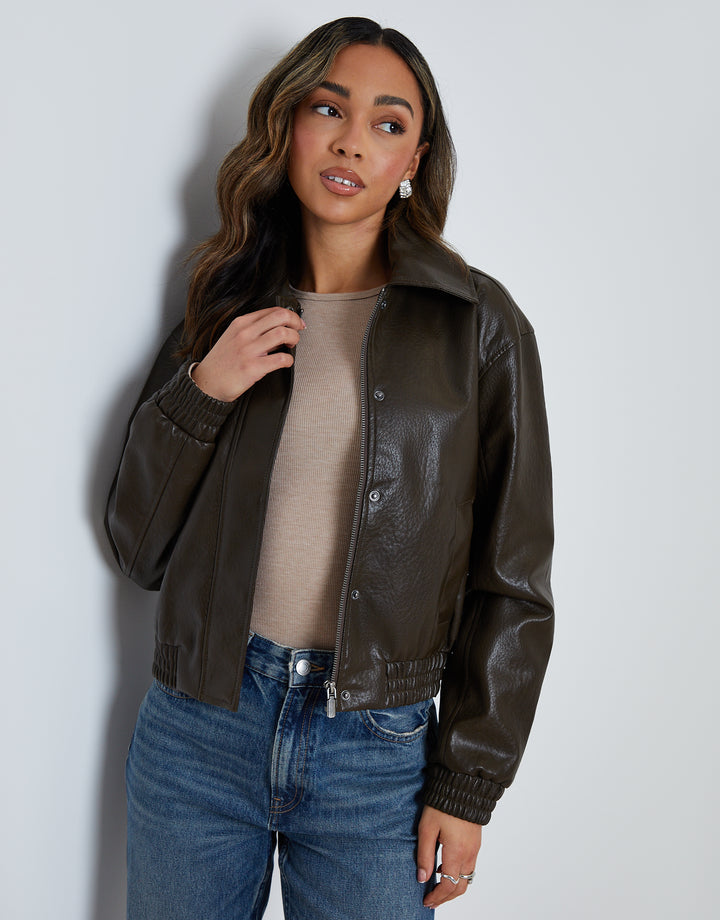Chocolate Brown Faux Leather Bomber Jacket with Collar