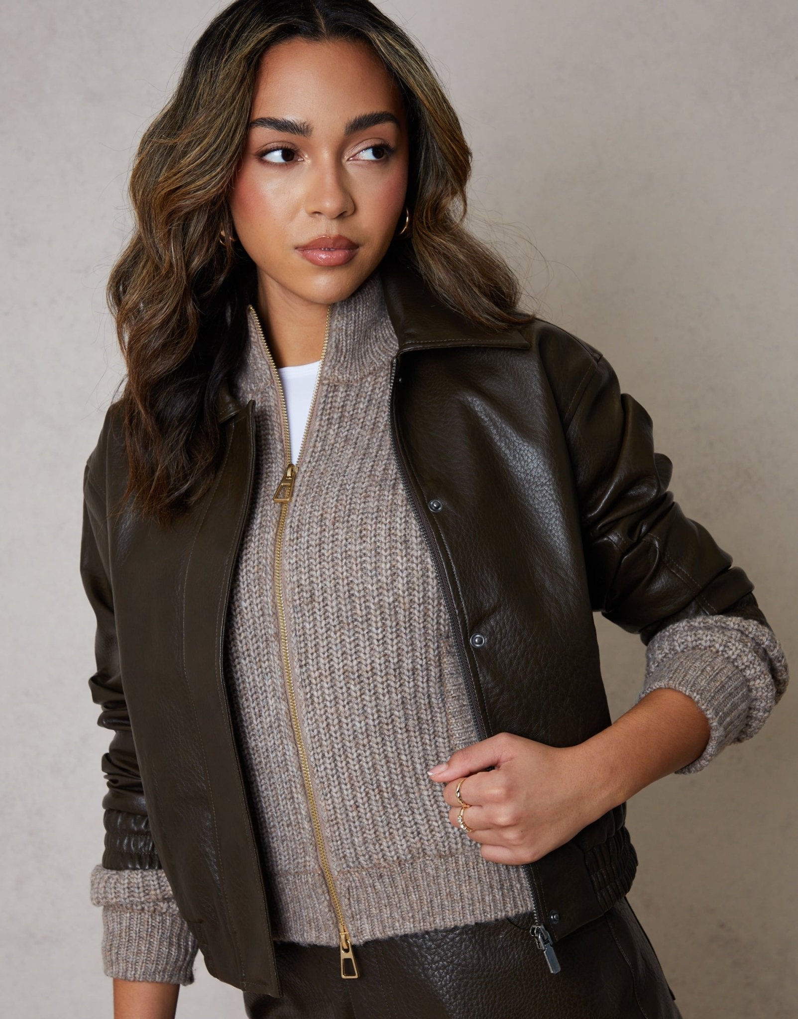 Threadbare Women's Faux Leather Bomber Jacket in Chocolate