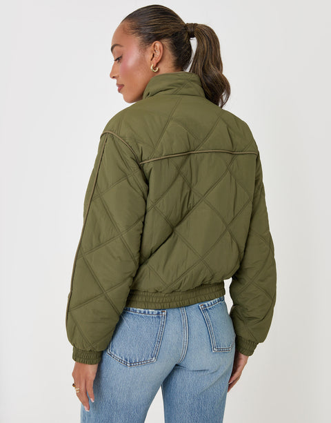 Threadbare Quilted Funnel Neck Bomber Jacket in Khaki - back view