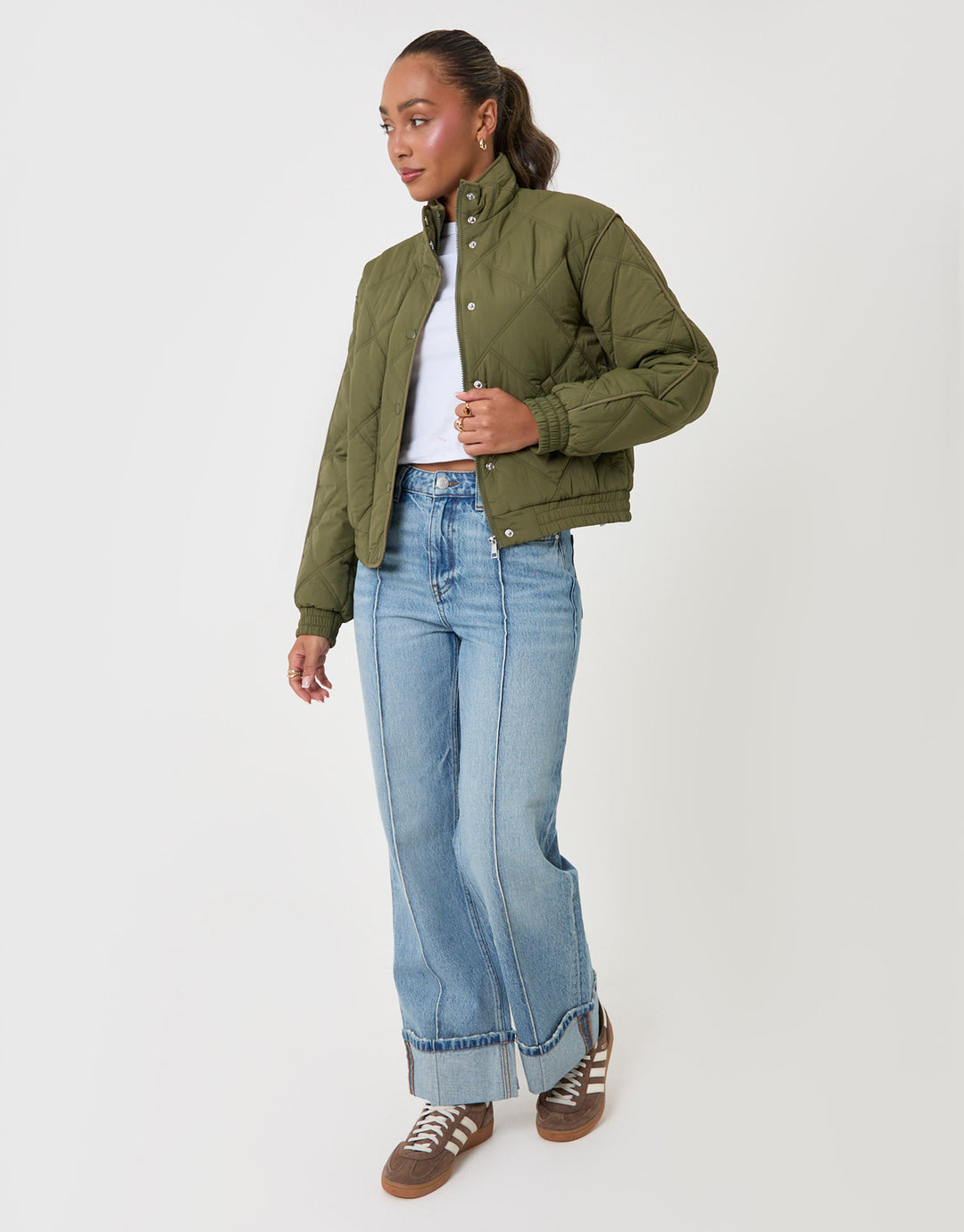Threadbare Quilted Funnel Neck Bomber Jacket in Khaki - full body