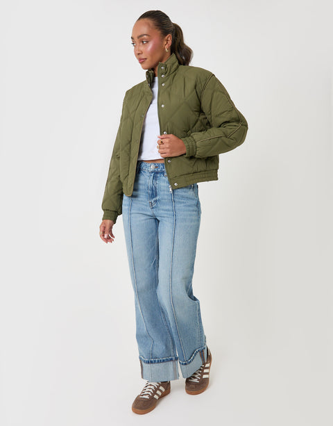 Threadbare Quilted Funnel Neck Bomber Jacket in Khaki - full body
