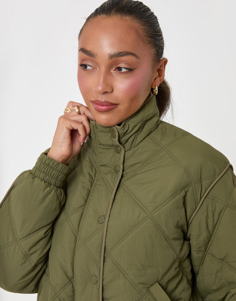 Threadbare Quilted Funnel Neck Bomber Jacket in Khaki - close up