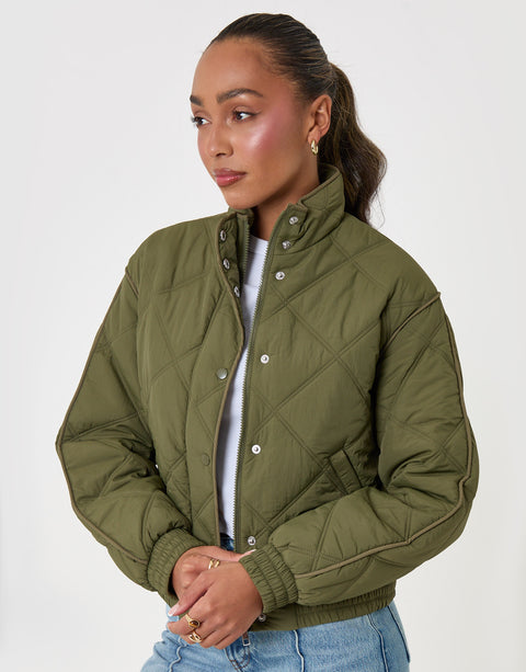 Threadbare Quilted Funnel Neck Bomber Jacket in Khaki - front view