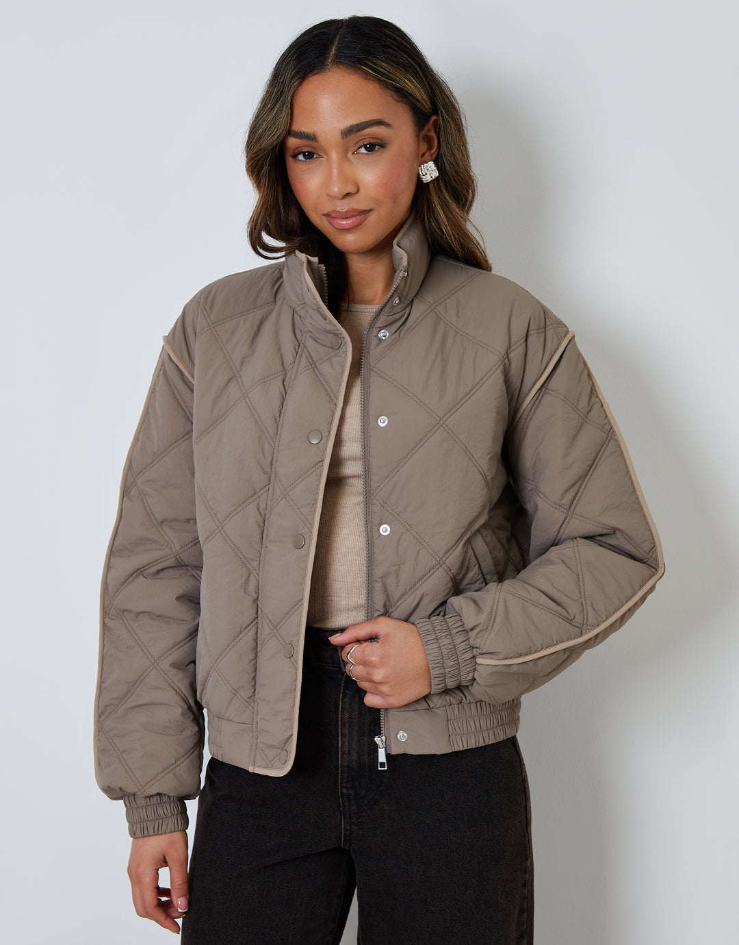 Grey Quilted Funnel Neck Bomber Jacket