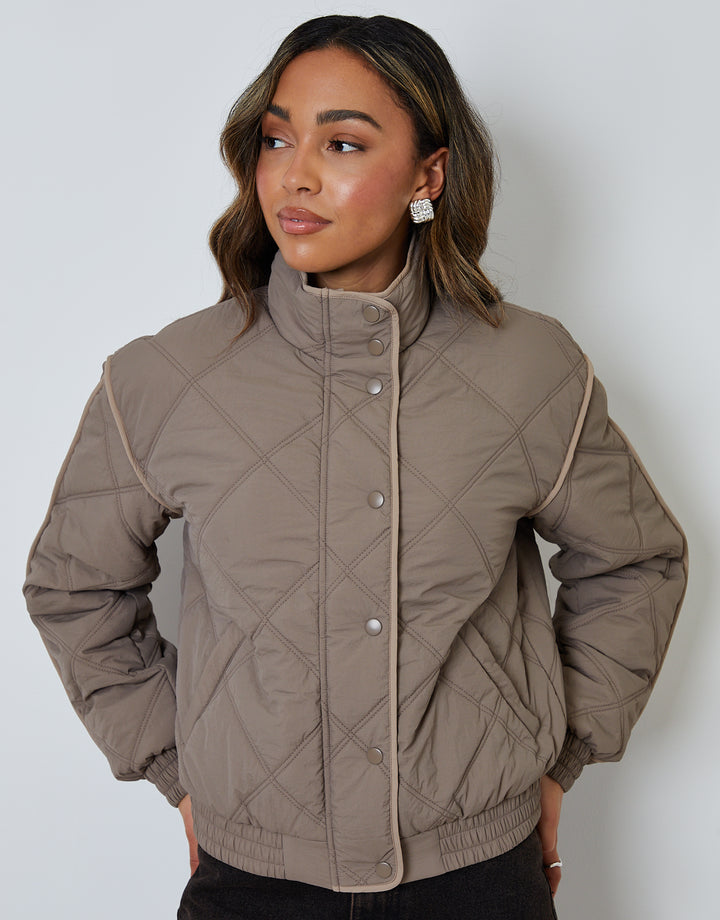 Grey Quilted Funnel Neck Bomber Jacket