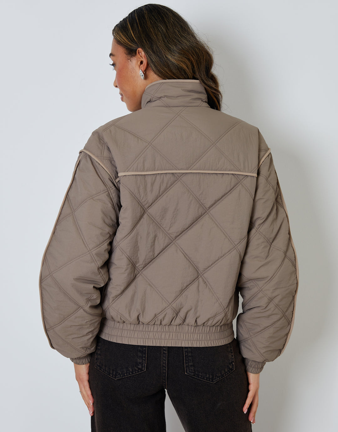 Grey Quilted Funnel Neck Bomber Jacket