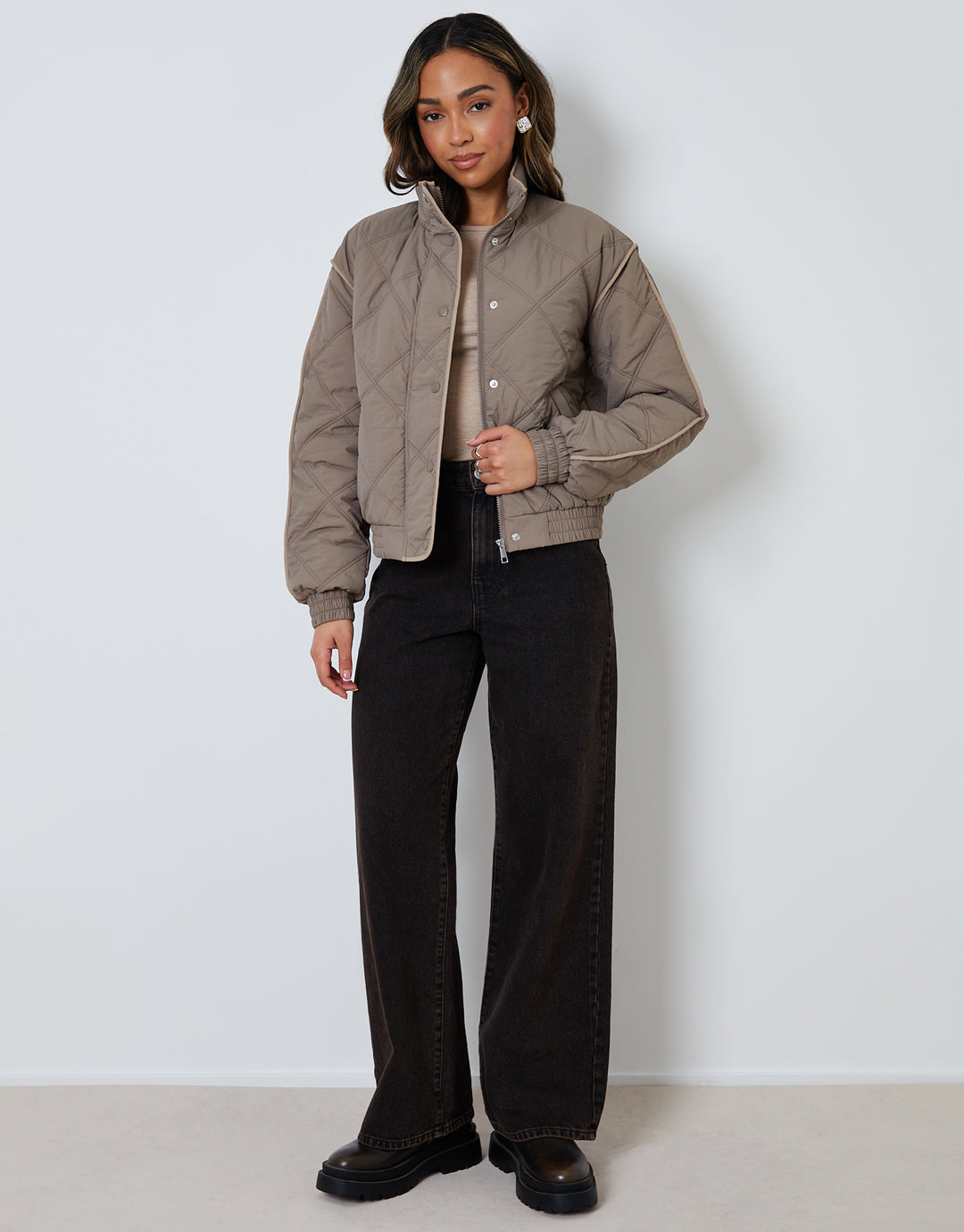 Grey Quilted Funnel Neck Bomber Jacket