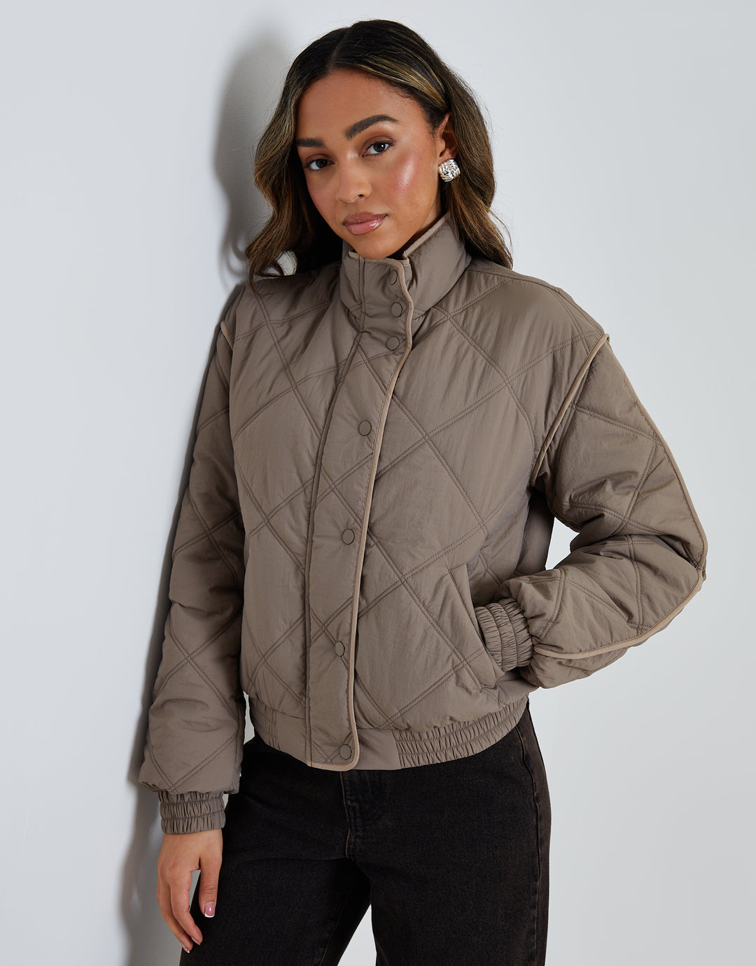 Grey Quilted Funnel Neck Bomber Jacket