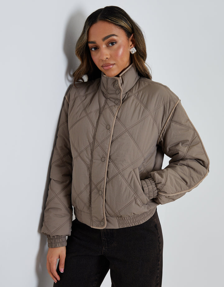 Grey Quilted Funnel Neck Bomber Jacket