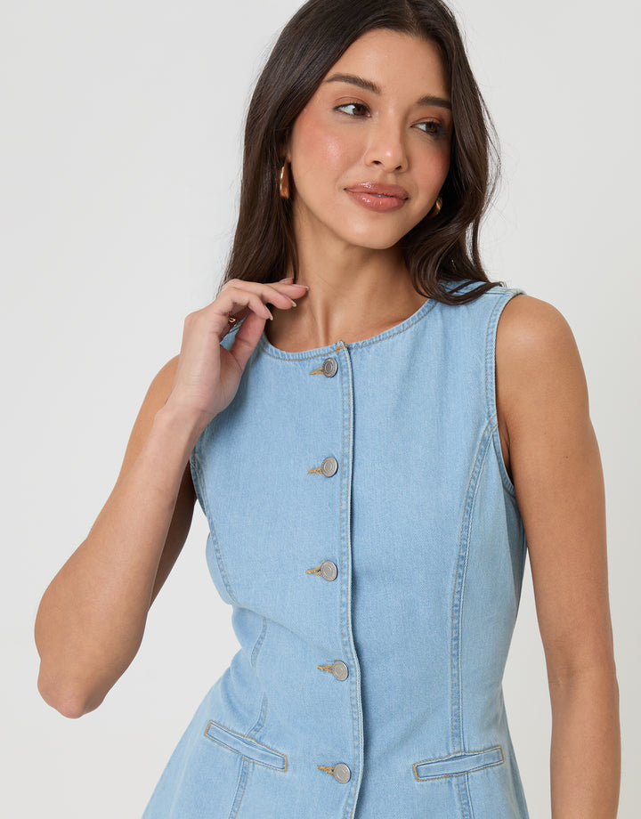 Light Wash Denim Longline Waistcoat