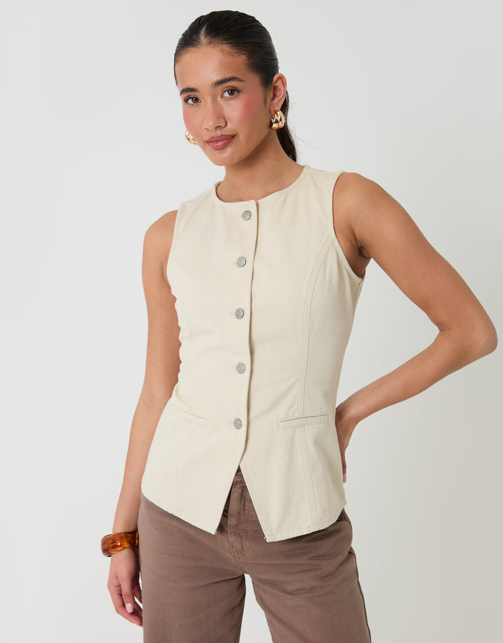 Threadbare Denim Longline Waistcoat in Ecru - front view