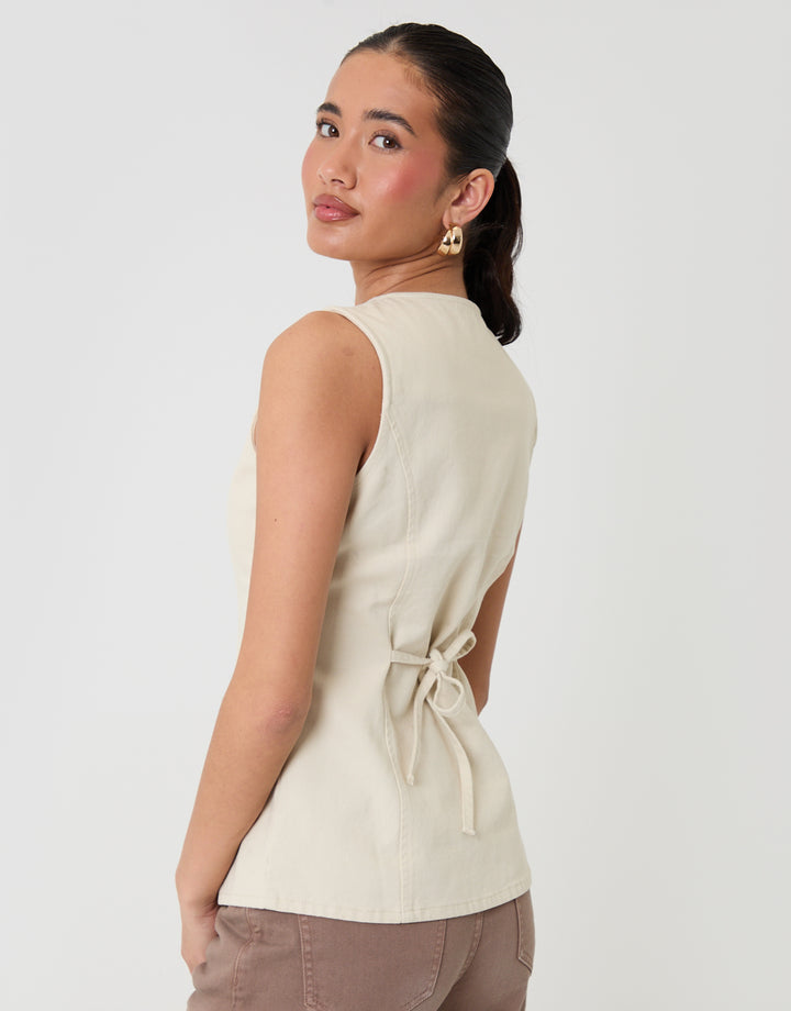 Threadbare Denim Longline Waistcoat in Ecru - back view