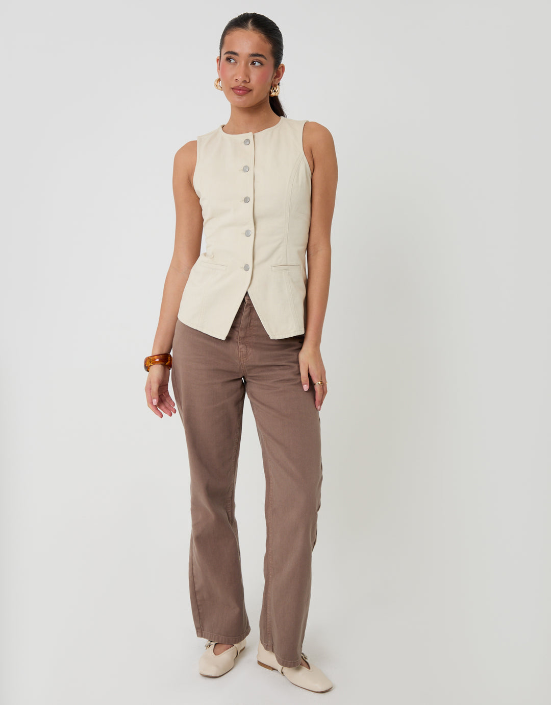 Threadbare Denim Longline Waistcoat in Ecru - full body

