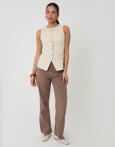 Threadbare Denim Waistcoat in Ecru - full body
