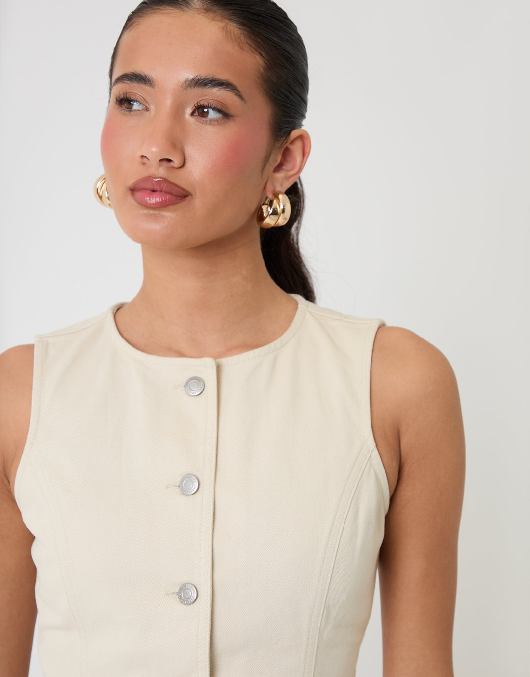 Threadbare Denim Longline Waistcoat in Ecru - detail