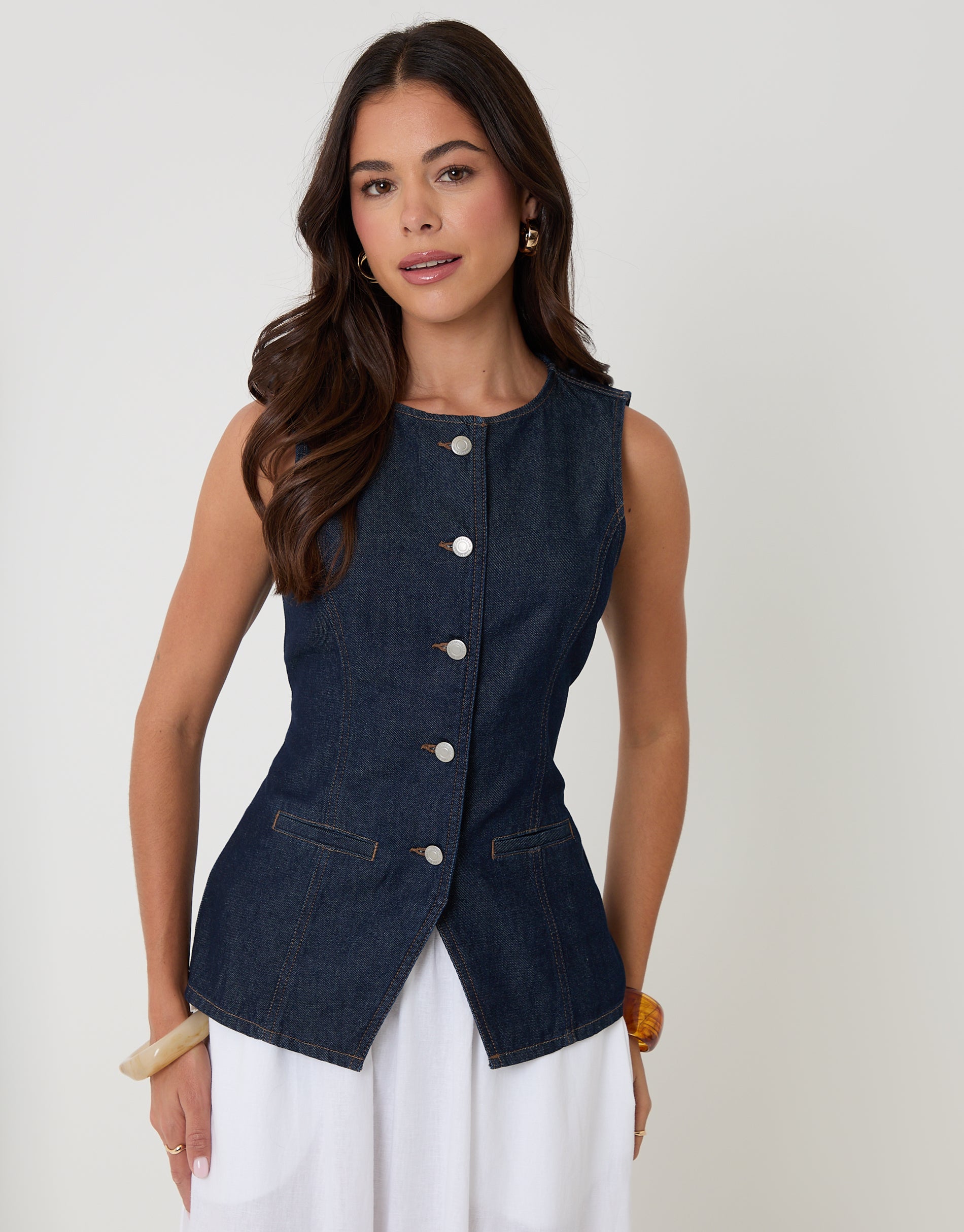 Denim Longline Waistcoat in Indigo