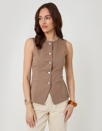 Threadbare Denim Longline Waistcoat in Mocha Brown - front view