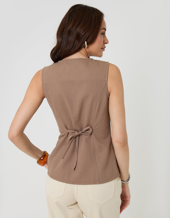Threadbare Denim Longline Waistcoat in Mocha Brown - back view
