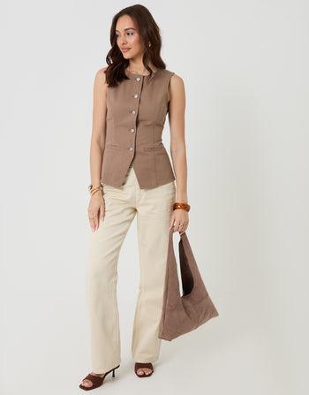Threadbare Denim Longline Waistcoat in Mocha Brown - full body