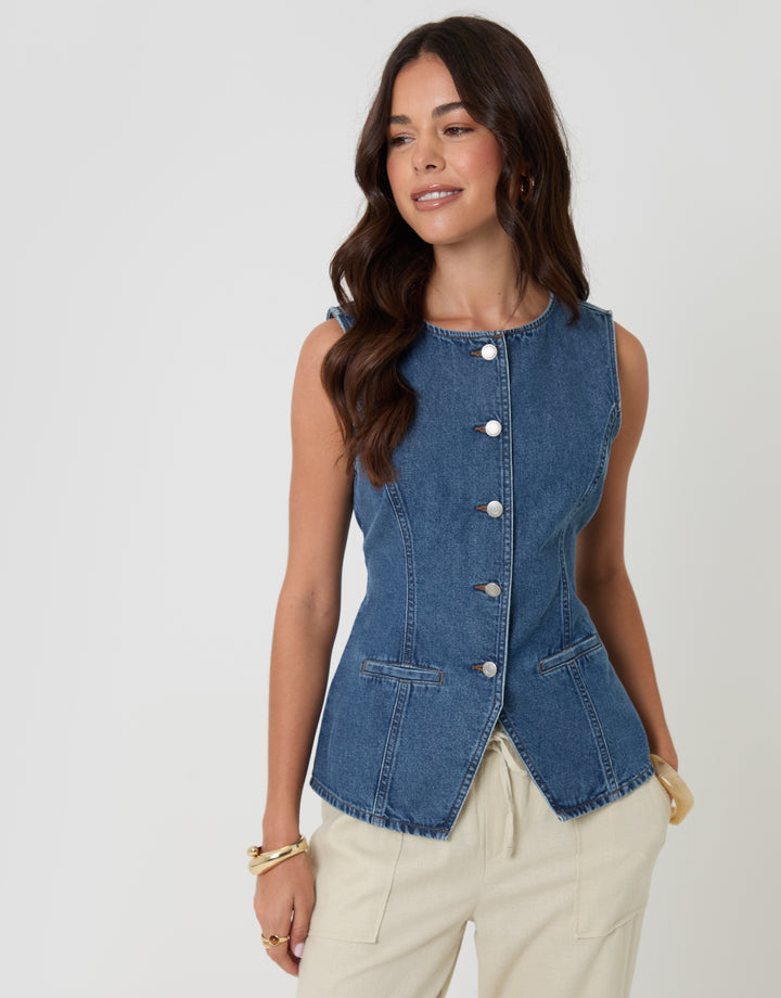 Mid Wash Denim Longline Waistcoat