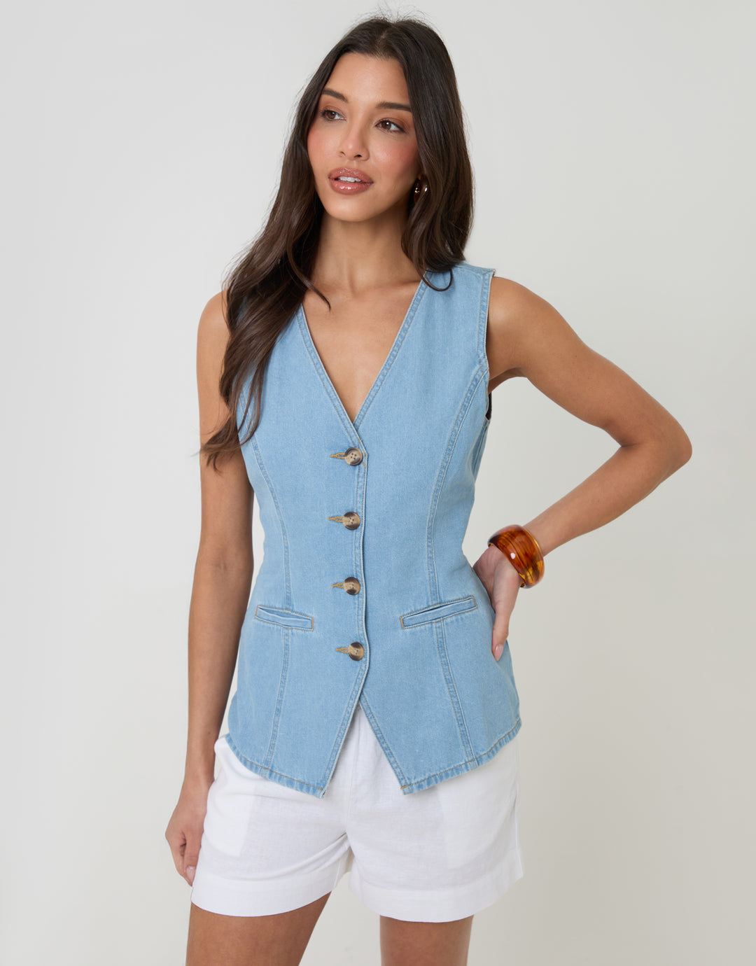 Light Wash Denim Longline V-Neck Waistcoat