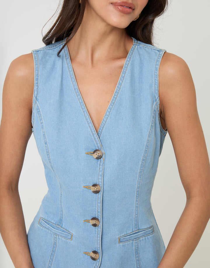 Light Wash Denim Longline V-Neck Waistcoat