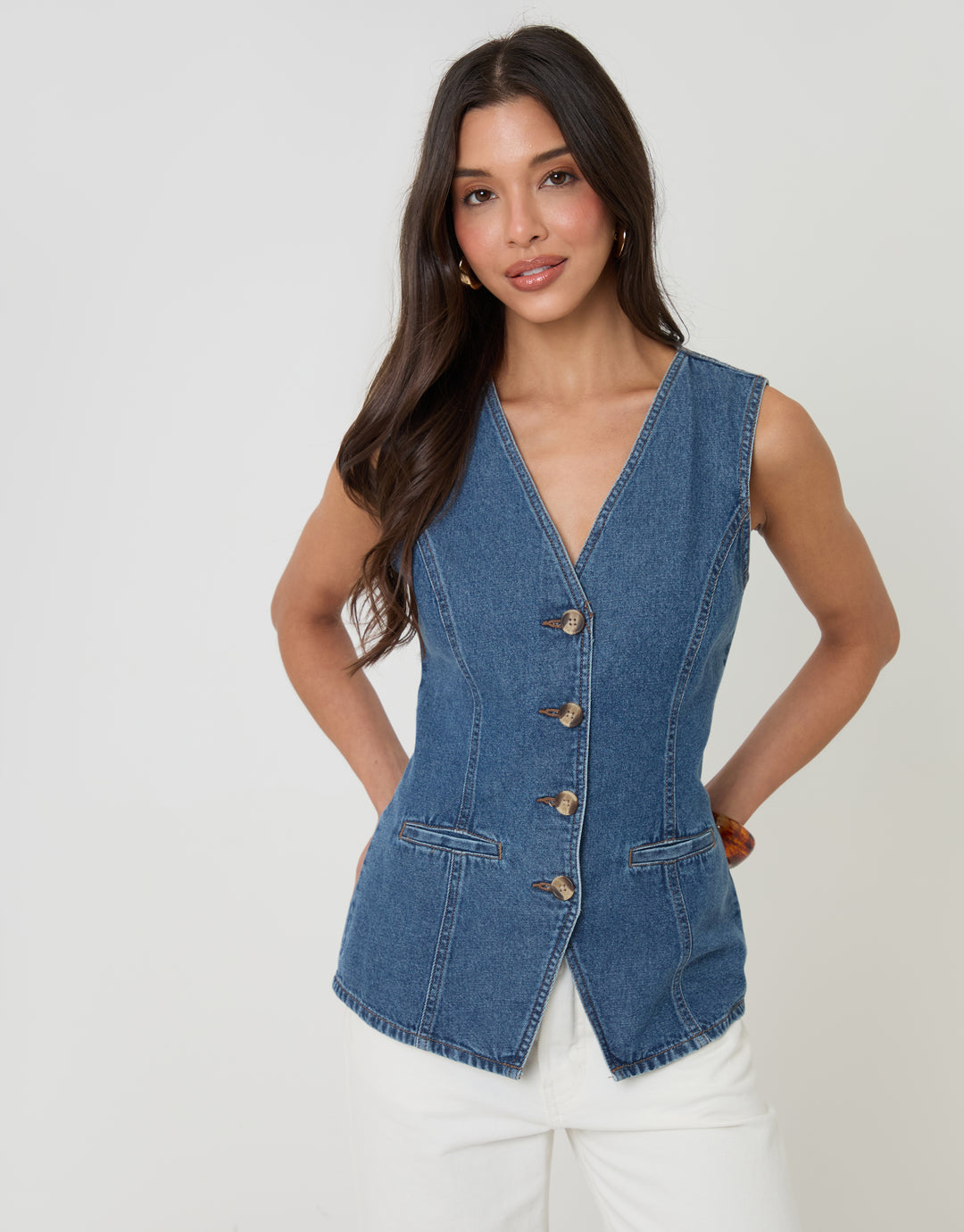 Threadbare Denim Longline V-Neck Waistcoat in Mid Wash - front view